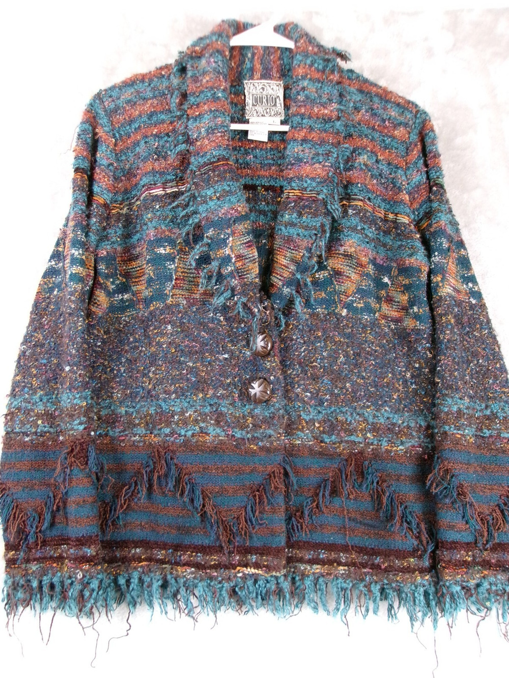 Curio Women's L Multicolor Textured Fringe Cardigan Sweater Dopamine Dressing